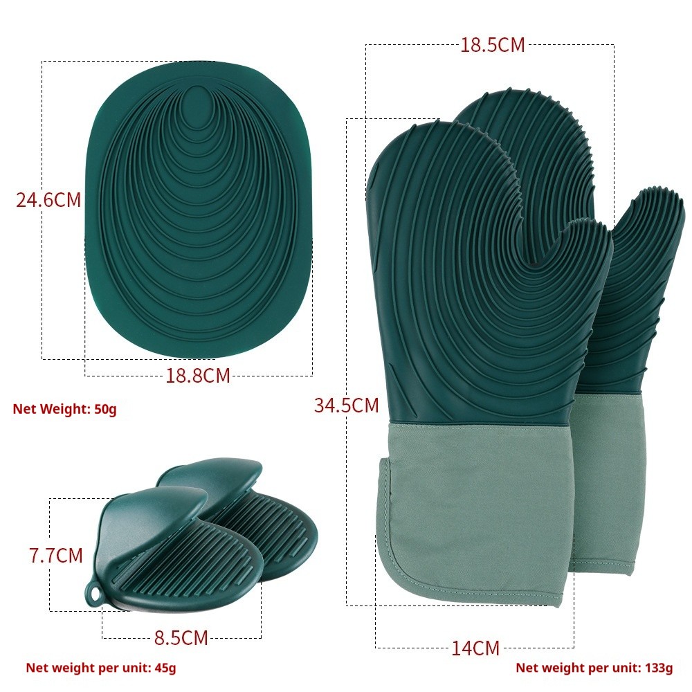 2 gants biseautés vert foncé + 2 pinces à main requin + tapis en silicone