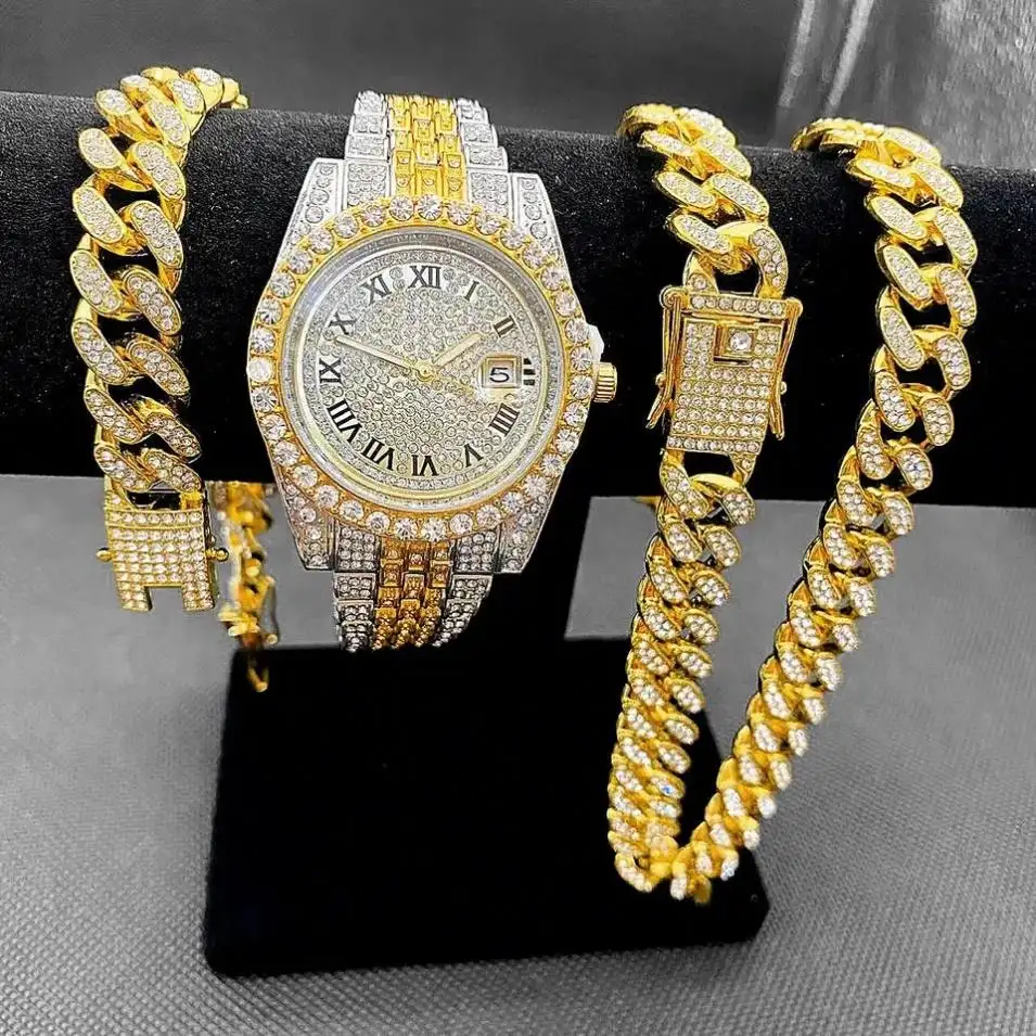 Full Iced Out Watches men wrist luxury Watch Cuban Link Chain Bracelet set Bling Jewelry Sets For Men Hip Hop Watch For men