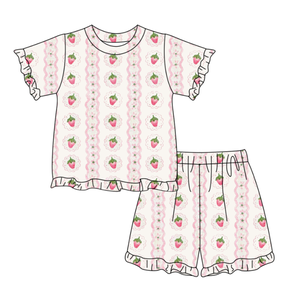 GSSO3359 CUSTOM Ensemble de vêtements pour petite fille active, imprimé fraises à rayures roses, vente en gros, ensemble à manches courtes pour enfant - Product Image 1