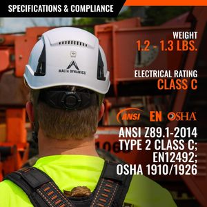 Casque de sécurité Malta Dynamics Apex Type 2 blanc, taille unique, conforme aux normes OSHA ANSI Z89.1, casque de chantier - Product Image 5