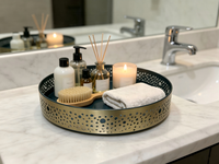 Plateau rond en fer à bord doré, finition thermolaquée verte, pour la décoration de la maison, organiseur de cosmétiques et de collations