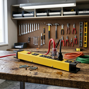 Multiprise robuste avec boîtier métallique jaune de sécurité, 6 prises, cordon de 1,8 m, fentes de fixation à œillet, pour garage industriel, atelier, établi - Product Image 2