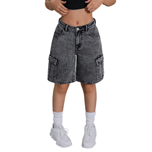 Shorts <span class=keywords><strong>Bermuda</strong></span> en Jean Cargo Noir Gris Délavé Minimaliste pour Adolescentes, Taille Mi-Haute, Multi-Poches, Personnalisable ODM OEM - Product Image 4