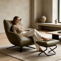 Fauteuil inclinable pivotant en demi-cuir avec repose-pieds, garnissage en duvet de canard et mousse, base en acier carbone noir mat, fauteuil de détente