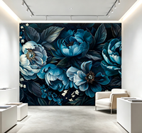 Papier peint mural à fleurs de pivoine bleu sarcelle sur fond foncé pour salle à manger, salon de beauté et salon