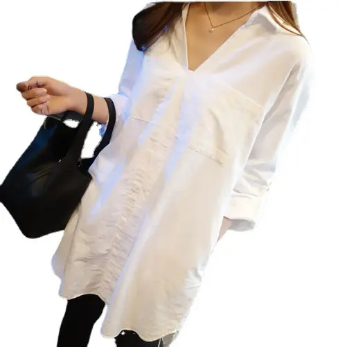 핫 세일 봄 유럽 디자인 여성의 흰색 V-넥 옷깃 셔츠 느슨한 긴 소매 패션 중간 길이 흰색 셔츠