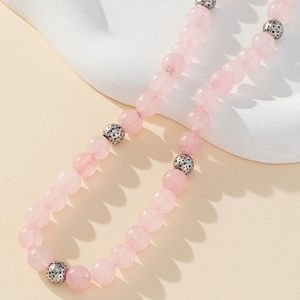 Rose Quartz Round Bead Necklace With <b>Silver</b> Spacer Balls Minimalist <b>Choker</b> Style Fashion Jewelry - Product Image 4