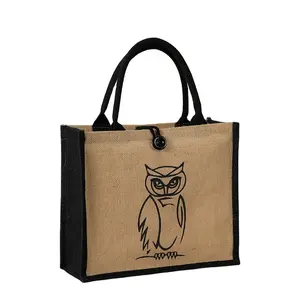 Natural Burlap Custom Logo Printed Tote Bags Reusable Jute Shoulder Bag Shopping With Zipper Button Closure