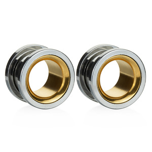 Gauges d'oreille bicolores en acier inoxydable |   Plugs d'oreille plaqués PVD noir et or, argent et or |   Bijoux pour le corps hypoallergéniques - Product Image 2
