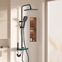 Système de douche noir mat 4 fonctions à touches piano - Pommeau de douche carré effet pluie avec lumière d'ambiance LED, jet pressurisé et douchette à main