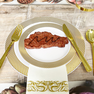 Assiettes en plastique jetables modernes personnalisables, petites, à motif quadrillé doré, <span class=keywords><strong>fond</strong></span> <span class=keywords><strong>blanc</strong></span>, bord doré, pour fêtes, mariages, usage domestique - Product Image 3