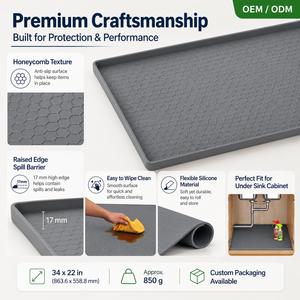 Tapis de protection en silicone pour évier sous armoire 34x22 po gris, imperméable et anti-fuite, pour rangement de cuisine - Product Image 3