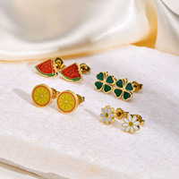 Fanke Simple Watermelon Four-Leaf Grass Flower Daisy Stud Earrings Stainless Steel ZIRCON Women's Trendy Cross-Border Jewelry