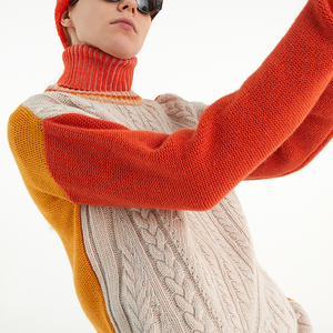 <strong>Ladies</strong> Contrasting Color Mixed Cable Knitting <strong>Turtle</strong> <strong>Neck</strong> Pullover Sweater in Cashmere Cotton Blended <strong>Jumper</strong> - Product Image 1