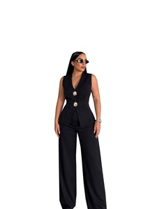 <span class=keywords><strong>Costume</strong></span> élégant pour femmes d'Europe et d'Amérique, veste à boutons dorés de couleur unie, pantalon large à taille haute, de haute qualité - Product Image 6