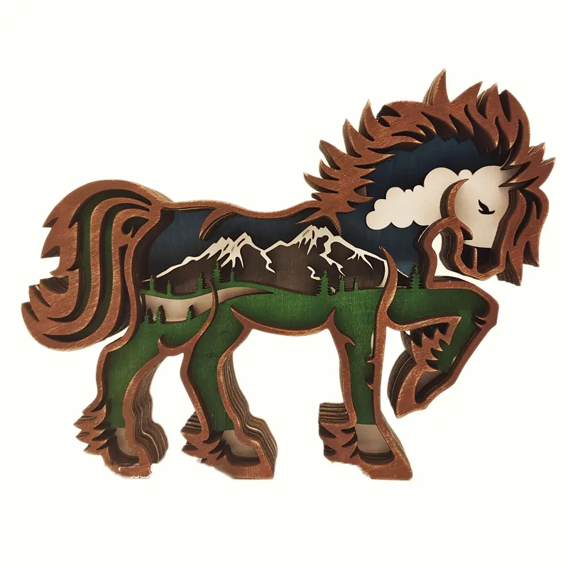 New wood carving animal crafts creative festival home table decoration multi-layer carved wooden horse decoration