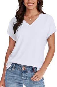 Camisetas básicas de verano para mujer, bonitas camisetas holgadas con cuello en V, trajes elegantes informales de moda con mangas cortas, tela de punto sólida - Product Image 4