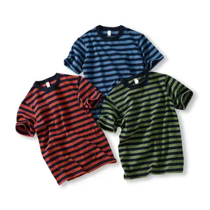 JL0602C 290G Heavy Khaki Washed Cotton Men Striped T Shirt Round Neck Vintage Tee Shirt For Men And Women