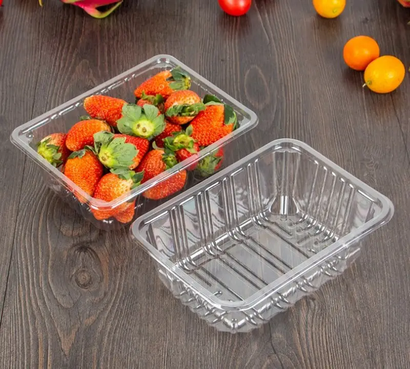 Bandeja de plástico PET transparente desechable al por mayor, bandeja de envasado en blíster para frutas y verduras de supermercado