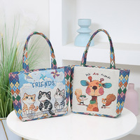 Sac fourre-tout en toile brodé jacquard style ethnique vintage avec chat sur champignon et fil doré, petit sac à main décontracté tissé