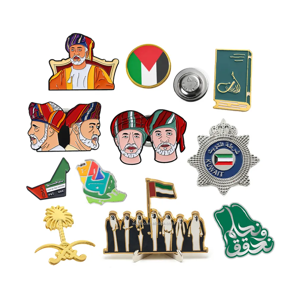 Bros Hari Nasional Saudi UEA, Bros bendera suvenir Hari Nasional Alibaba, Pin lencana kerah magnetik, Pin Enamel logam