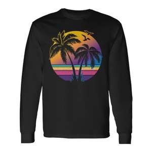 Camiseta vintage de manga larga con diseño de palmera al atardecer para amantes de la playa - Product Image 1