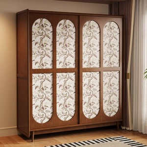 French Retro <b>Sliding</b> Door Wardrobe Solid Wood Bedroom Storage Hanging Closet Mid Range Style <b>Small</b> Apartment Use - Product Image 2