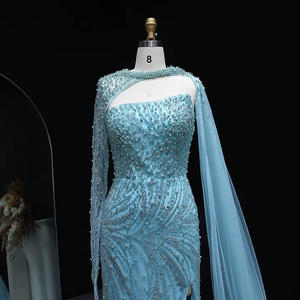 Vestido de Festa Sereia de Luxo Turquesa com Pérolas Mangas Capa e Fenda Lateral para Mulheres Baile de Formatura Lsz133 - Product Image 4