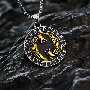 Vintage <b>Style</b> Men's Pendant Viking Double Wolf <b>Head</b> Compass Necklace Zinc Alloy Themed Pendants Gift Jewelry - Product Image 4