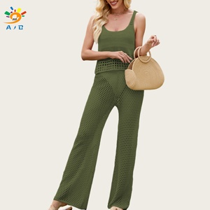 AJB 2026 Nouvelle tenue décontractée tendance <span class=keywords><strong>euro</strong></span>-américaine pour femme : haut sans manches en viscose crochetée couleur unie et pantalon long transparent - Product Image 5