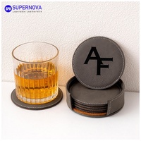 Ensemble de 6 sous-verres ronds en similicuir gravés au laser personnalisés, gravure au laser personnalisée, ensemble de sous-verres en cuir PU avec support