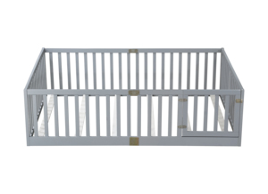 Lit de sol pour enfants en bois massif gris avec barrière haute, taille complète, porte d'accès, écologique et confortable pour la petite chambre <span class=keywords><strong>familiale</strong></span> - Product Image 3