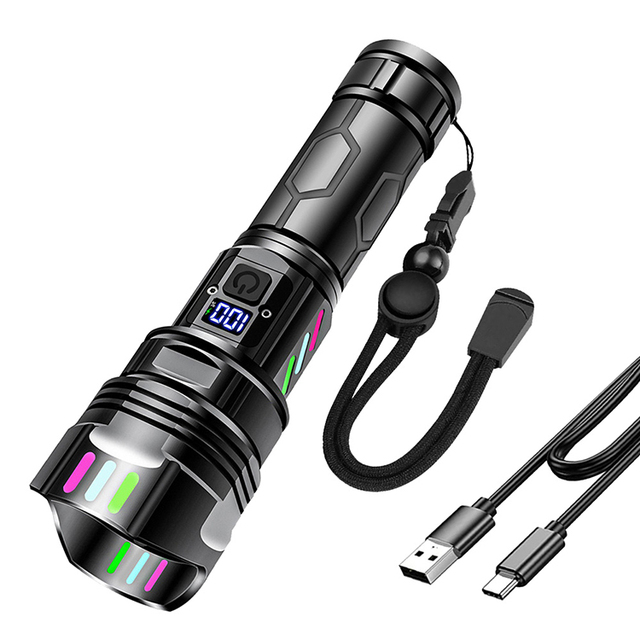 Rechargeable IPX4 Waterproof 200m White Long Range Super Bright Flashlight with Zoom & Digital Display