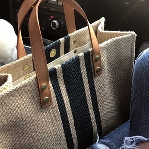 Women's Tote <b>Bag</b> <b>Canvas</b> Navy Blue And Black Stripes <b>Large</b> Capacity Magnetic Buckle Everyday Use Summer 2024 - Product Image 1