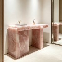 Table console en marbre rose naturel, cadre géométrique creux sculpté, table d'entrée pour villa, hôtel boutique, hall d'entrée, décoration de couloir