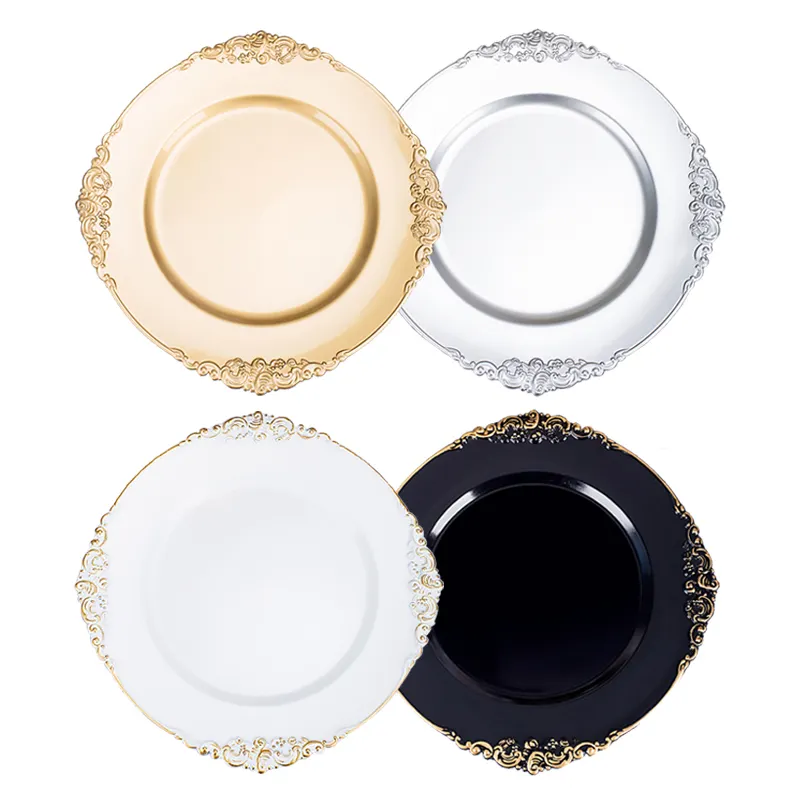 Antique Floral Gold Rim Plastic Decorative Service Serving Plates Wedding Party Decor Dinner Plates 13inch Charger Plate