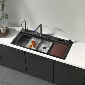 11550 Modern Design Black Nano Touch Screen Panel Double Bowl Hydro Smart Purification Waterfall Kitchen Sink With Dishwasher