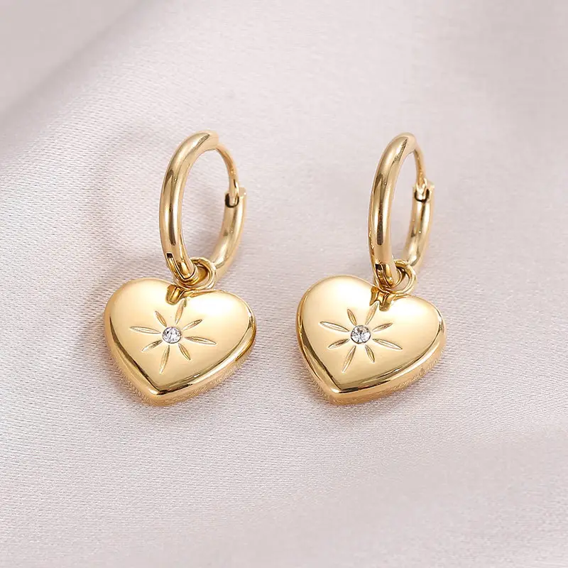 Fashion Costume Engraved Stainless Steel Jewelry High Polished Crystal Heart Fancy 14k Dangling Gold Plated Pendant Earring