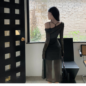 Oil Painting Style Mesh Camisole Two Piece Set For Women Off The Shoulder Asymmetric Sheath Dress Summer Vacation Look - Product Image 3