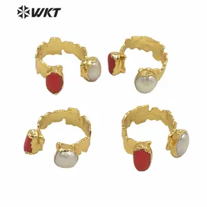 WT-MPR010 מדהים WKT בלעדי להתנגד להכתים זהב Electroplated אדום אלמוגים פרל טבעת נשים אופנה פליז זהב קוקטייל טבעות