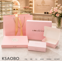 Boîte à gâteau rose de luxe personnalisée, imperméable, avec finition mate et gaufrage, ensemble de sacs en papier réutilisables et pliables pour boulangerie et pâtisserie.