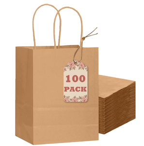 100-Packs Kraft Paper Gift <b>Bags</b> with Twisted Paper Handles Bulk 8.3'x3'x6' Inch Small Size Multiple Uses (15x8x21cm) - Product Image 1