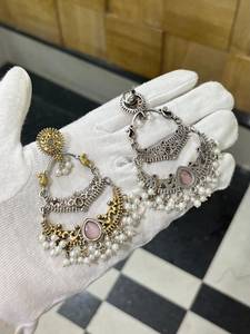Groothandel Indiase geoxideerde kroonluchter oorbellen imitatie parel marquise snede voor vrouwen antiek zilver look vintage boho etnisch - Product Image 4