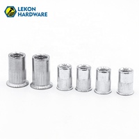 LEKON Insert fileté à tête plate à extrémité ouverte, corps moleté, en acier au carbone, zingué jaune, conditionnement en vrac, métrique M3 à M12