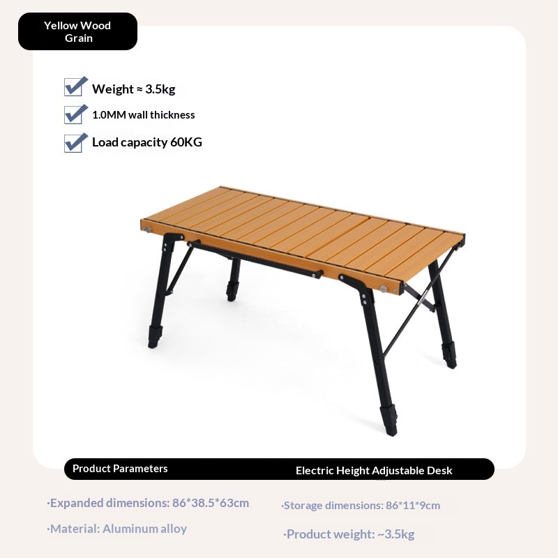 Mesa de aleación de aluminio con veta de madera amarilla.