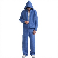 Ensemble jogging en laine mélangée bleue avec logo jacquard sur le devant, personnalisé, streetwear d'hiver pour hommes
