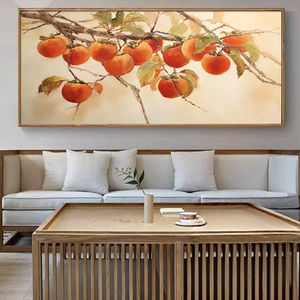 Pintura al óleo pintada a mano, árbol de caqui, arte de pared enmarcado rectangular para sala de estar, decoración tras el sofá, estilo chino - Product Image 2