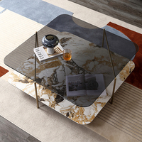 Table basse carrée moderne de luxe à double plateau, plateau en pierre frittée, base en acier inoxydable couleur dorée, mobilier de salon pour la maison