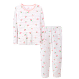 Pijamas de algodón 100% para niños, conjunto de 2 piezas con estampado de fresas, ropa de dormir para niñas, pijamas de manga larga para niños. - Product Image 1