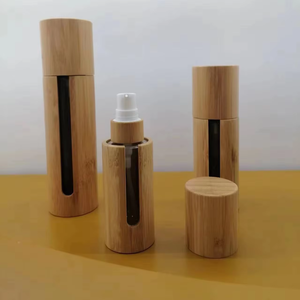 Eco-Friendly Real Bamboo Glass Makeup Cosmetic Half Open <strong>Window</strong> Container Luxury Refillable Bamboo Pump Bottle - Product Image 1